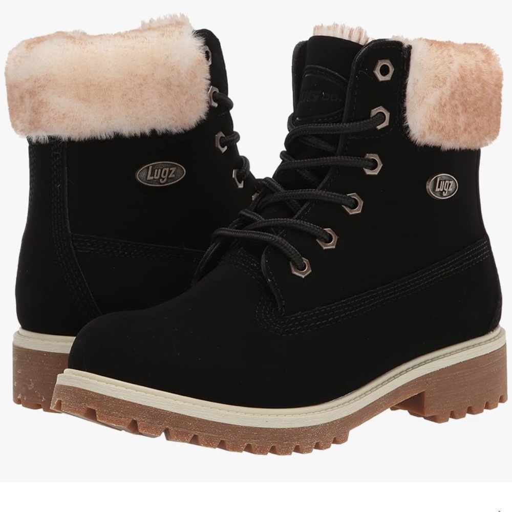 Lugz Empire High Faux Fur Lug Sole Boot In Black/cream/gum NEW size 6.5